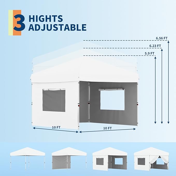 10x10 Pop Up Canopy Tent Outdoor Canopy with 3 Removable Sidewalls One-Person Set Up Heavy Duty Commercial Instant Tent Shelter-White