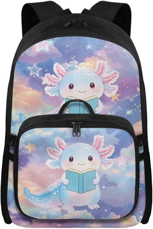 HUGS IDEA Axolotl Backpacks for Girls 4-6 Schoolbag with Lunch Box Cute Preschool Book Bags Student Hiking Camping Rucksack Daycare Bags Mochilas Para NiñA