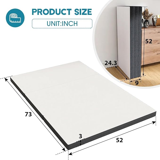 Full Size Folding Mattress Tri-Fold Memory Foam Mattress Topper | Portable for Camping, Guest, Fold Out for Floor, Travel | 3 Inch Full Size, White