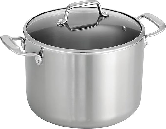 Tramontina Tri-Ply Clad Stainless Steel 8-Quart Stock Pot with Glass Lid, Induction-Ready Pasta Pot, Dishwasher-Safe, NSF-Certified, Made in Brazil