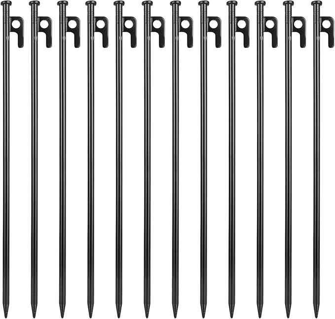 12 Pcs 16 Inch Tent Stakes Heavy Duty Metal Tent Pegs, Camping Steel Tent Stakes for Unbreakable and Inflexible Camping Backyard Rocky Ground