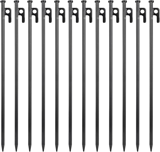 12 Pcs 16 Inch Tent Stakes Heavy Duty Metal Tent Pegs, Camping Steel Tent Stakes for Unbreakable and Inflexible Camping Backyard Rocky Ground