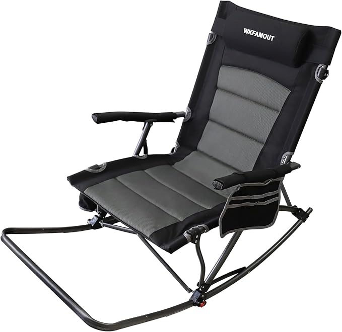 Oversized Folding Low Rocking Camping Chair with Footrest Removable Pillow Portable Outdoor Rocker Padded High Back Ergonomic Armrests for Patio Garden Lawn