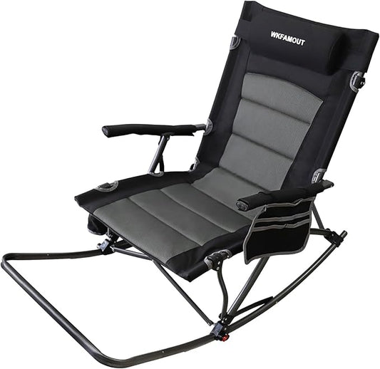 Oversized Folding Low Rocking Camping Chair with Footrest Removable Pillow Portable Outdoor Rocker Padded High Back Ergonomic Armrests for Patio Garden Lawn