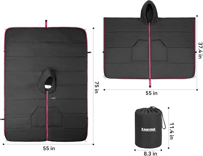 Hooded Poncho Blanket, Wearable Camping Blankets, Large Stadium Poncho Windproof & Water-Repellent, 75 * 55 inch, Portable & Warm, for Outdoor, Sports, Concerts, Travel, Picnic, Car, Survival, Hunting