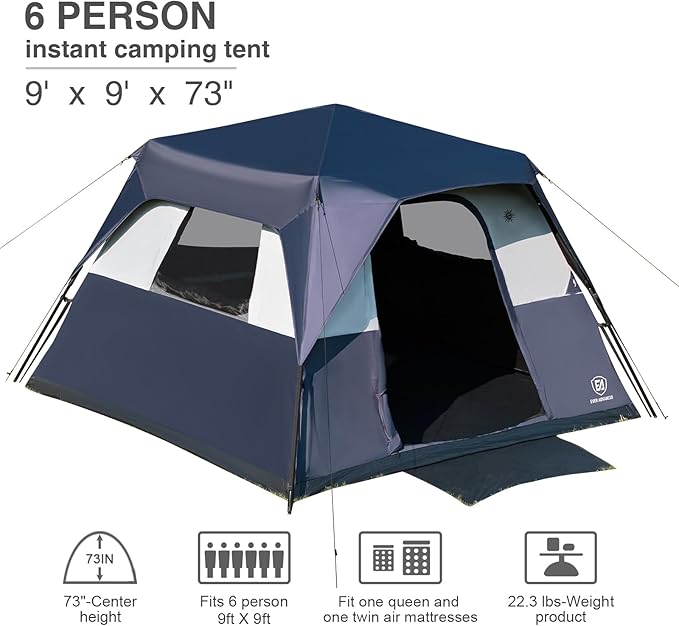 EVER ADVANCED 6 Person Camping Tent, Blackout Design Tent for Camping Instant Cabin Tents for Family with Rainfly, 60s Easy Setup, Water-Resistant