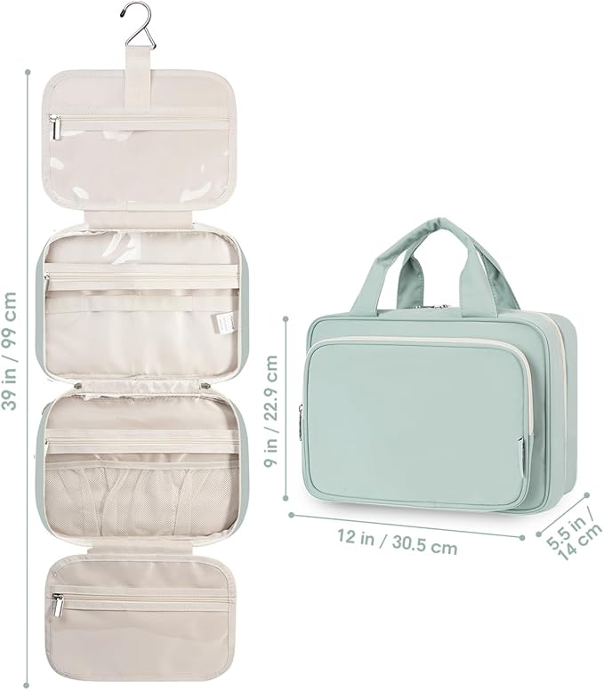 Narwey Travel Toiletry Bag for Women Large Hanging Makeup Bag Organizer Toiletries Bag for Full Size Essentials Accessories Cosmetics (Mint Green (Large))