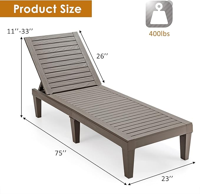 Tangkula Outdoor Chaise Lounge Chair, Lightweight Patio Lounge Recliner Chair with Adjustable Backrest, 5 Reclining Positions Chaise Lounger for Patio, Beach, Balcony, Poolside, Backyard (2, Coffee)