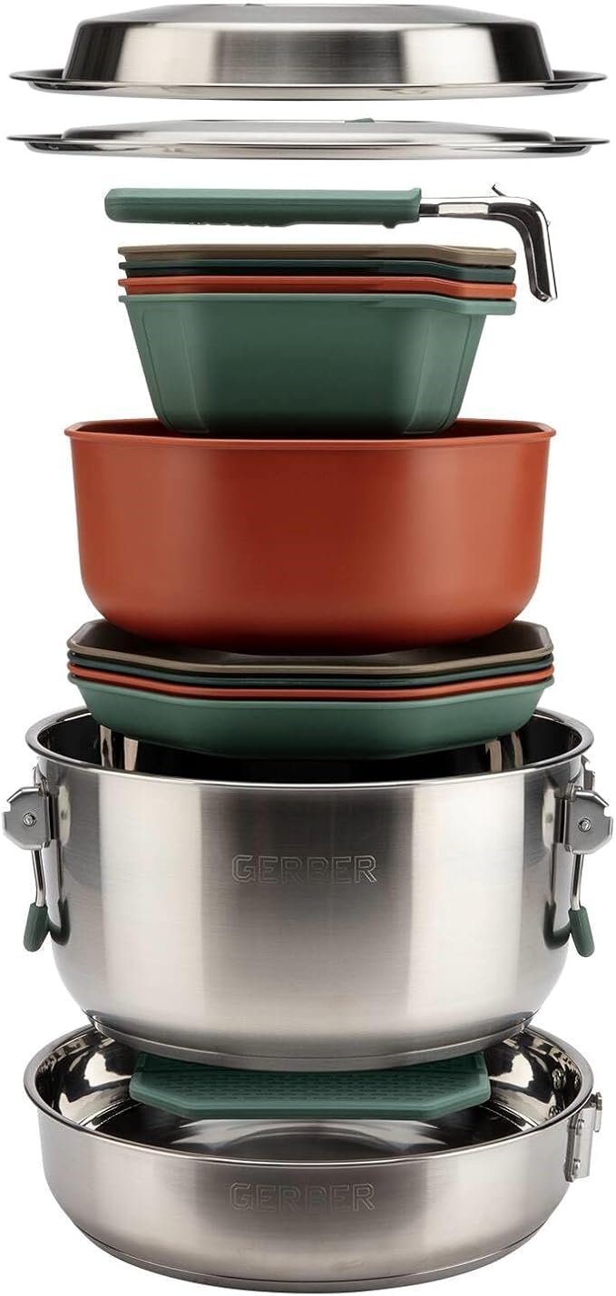 Gerber Gear ComplEAT Cook Set - Dishwasher-Safe Camping Cookware for Outdoor Cooking - Includes Saute Pan, Stock Pot, 4 Plates, 4 Bowls, Mixing Bowl & More