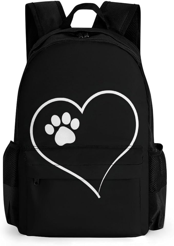 Supdreamc Polyester Daypack Bookbag for Gym Business Bicycle, Large Capacity Multipurpose Anti-Theft Carry On Bag, Cat Dog Paw Prints Heart Black Travel Hiking Daypack