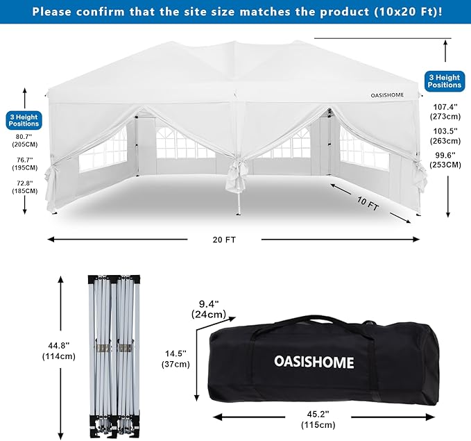OASISHOME Pop-up Gazebo Canopy Tent 10'x20' with 6 Removable Sidewalls, Windows, Stakes, Ropes, Carry Bag,Suitable for Patio, Outdoor, Wedding Parties&Commercial Events (White, 10X20)