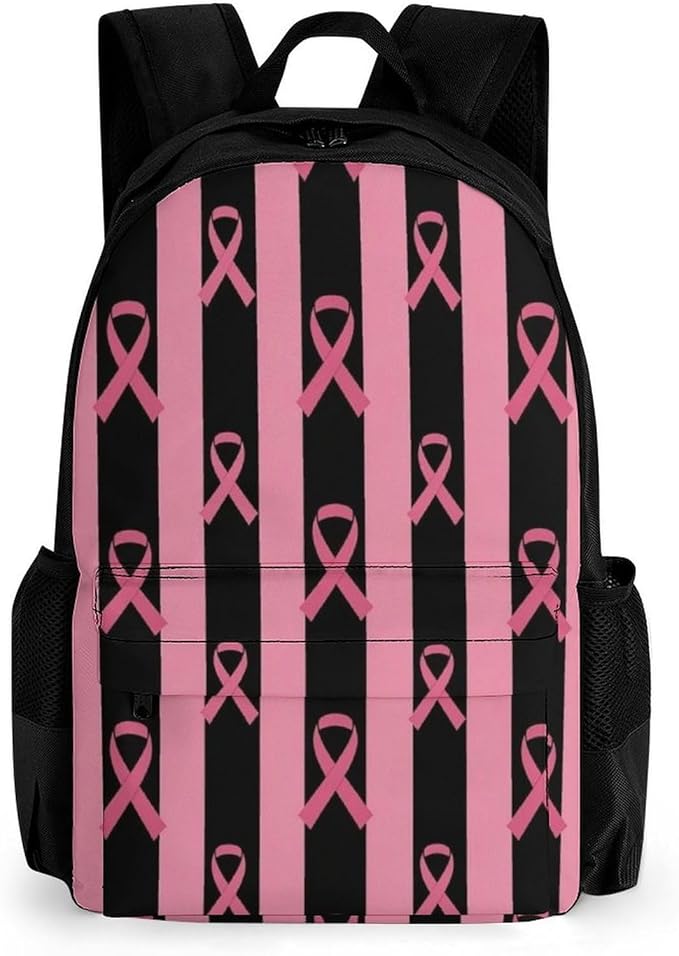 Lightweight Rucksack for Sports Travel Running, Big Capacity Multipurpose Anti-Theft Bookbag, Breast Cancer Awareness Stripes Ribbon Black Travel and Sport Backpack Rucksack