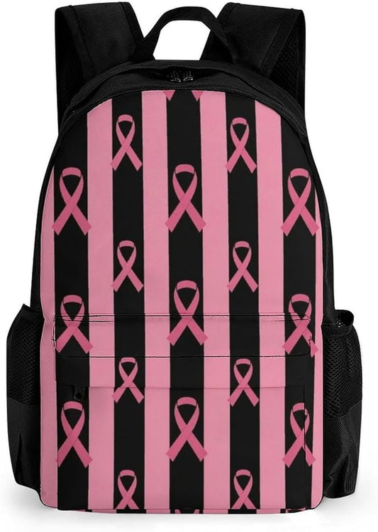 Lightweight Rucksack for Sports Travel Running, Big Capacity Multipurpose Anti-Theft Bookbag, Breast Cancer Awareness Stripes Ribbon Black Travel and Sport Backpack Rucksack