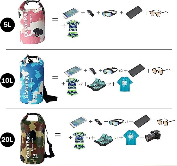 Dry Bag Waterproof 5L/10L/20L, Camo Design, Roll Top Lightweight dry bags for FLoating, Boating, Kayaking, Camping, Beach，Paddle boarding Accessories