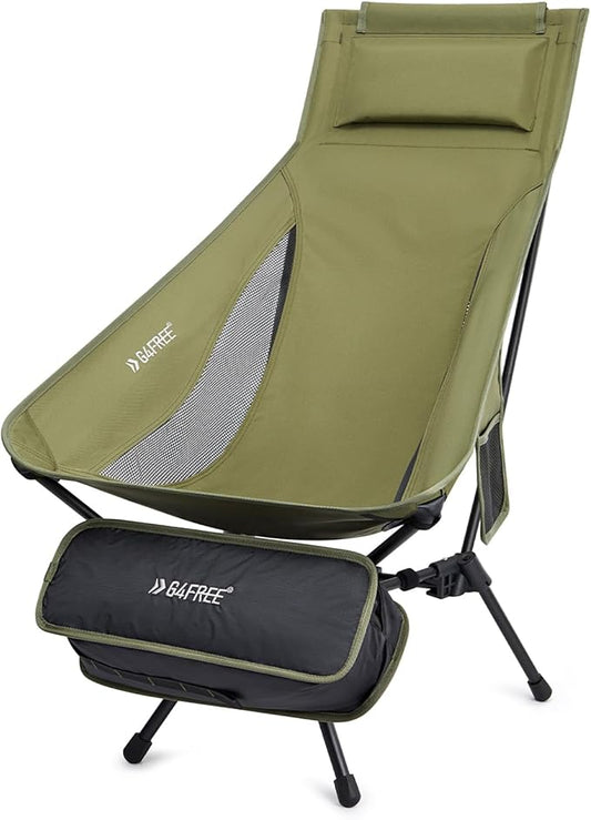 G4Free Folding Lightweight Camp Chair High Back Camping Chair Backpacking Chair Heavy Duty 330lbs with Headrest Pocket Green