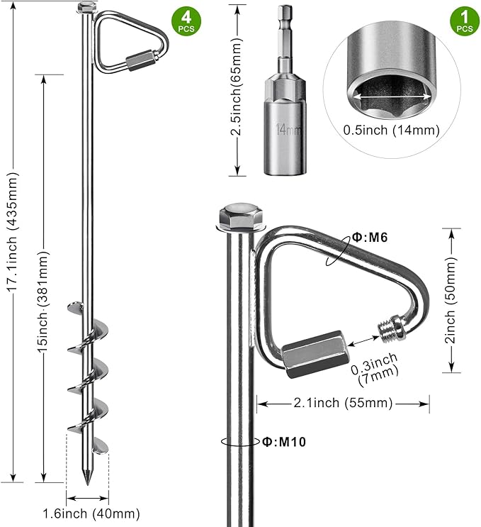 17" Ground Anchors with Chrome-Plated, Heavy-Duty for Trampolines, Tents, Mobile Homes, Swing Sets, Carports and Sheds with Reinforced Triangular Bracket for High Wind Resistance (4 Pack)