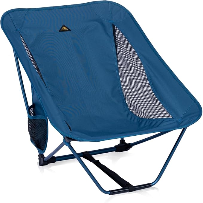 iClimb Low Ultralight Compact Camping Folding Chair with Side Pocket and Carry Bag (Blue)