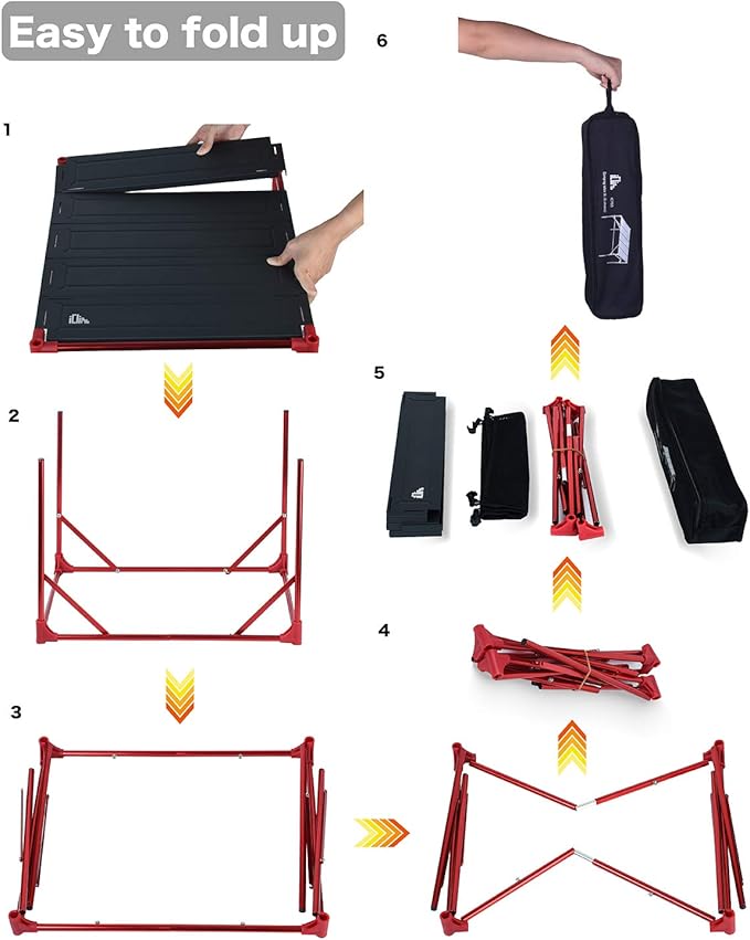 iClimb Extendable Folding Table Large Tabletop Area Ultralight Compact with Hollow Out Tabletop for Camping Backpacking Beach Concert BBQ Party, Three Size (Black - L + Hanger)