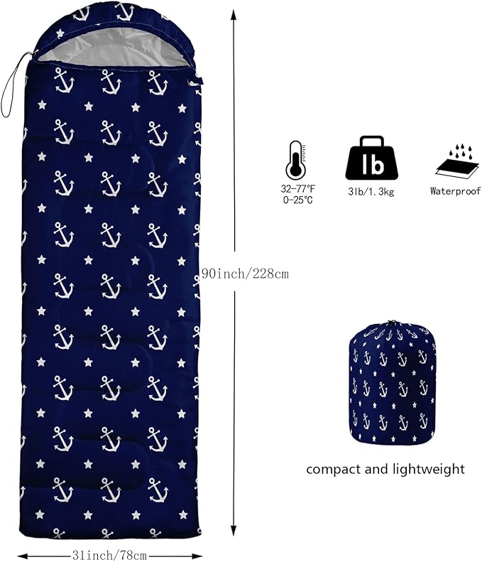 AILONEN Boys Sleeping Bag for Camping,Nautical Anchor,Lightweight & Waterproof,3 Season Warm & Cool Weather,Navy Blue Sleeping Bags for Kids Men Travelling,Outdoors