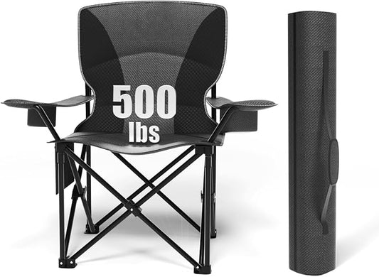 Heavy Duty Folding Chair 500LB Capacity, Oversized Camping Chairs with Cup Holder, Cooler Bag & Storage Pouch, Double-Layer Fabric, Outdoor Chairs for Sports, Lawn Chairs (1, Black Grey, Oversized)