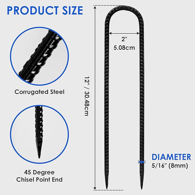 Trampoline Stakes 12 inches 10-Pack U Stake for Ground Heavy Duty Trampoline Anchors High Wind Stakes for Fence, Swing Set, Outdoor Decoration and Gazebo