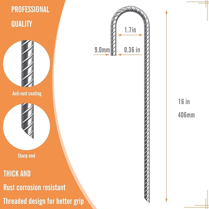 ASDFGHT J Hook Rebar Stakes 12 & 16 Inch (Black or Silver), Heavy Duty Professional Quality Ground Anchors for Chainlink Fence, Sports nets, Camping, Trampolines, Irrigation Pipes and Garden