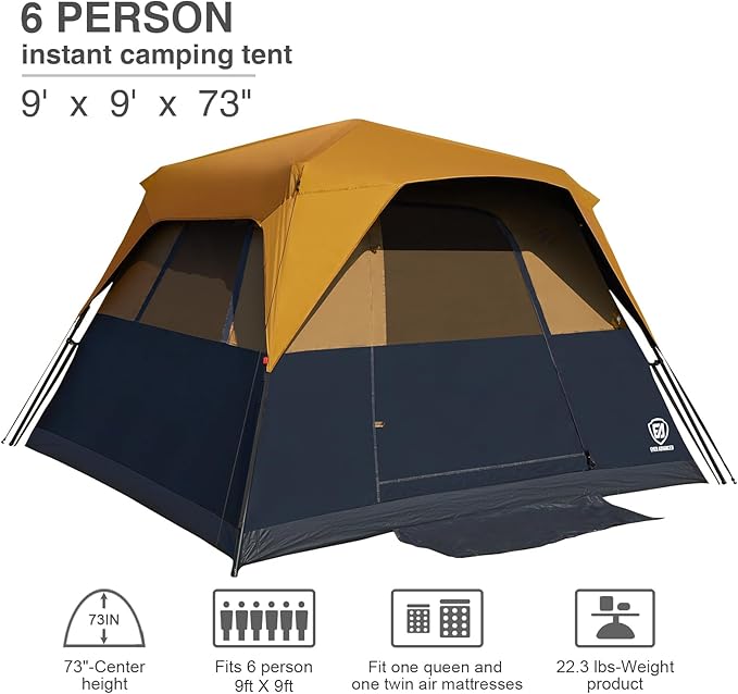 EVER ADVANCED 6 Person Camping Tent, Blackout Design Tent for Camping Instant Cabin Tents for Family with Rainfly, 60s Easy Setup, Water-Resistant