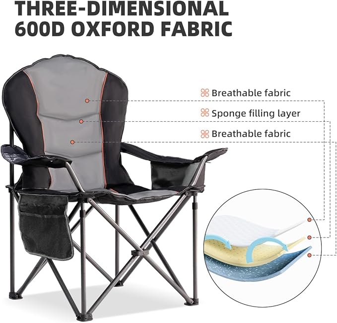 Camping Chair Oversized Folding Outdoor Camping Chair with Cooler Bag, Cup Holder & Waterproof Phone Case, Portable for Hiking/Beach,500LB (Black & Light Gray)