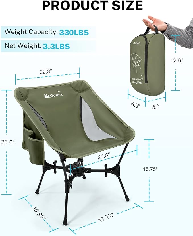 Gonex Portable Camping Chair, The 5th Gen Ultralight Compact Backpacking Foldable Lightweight Folding Chair for Outdoor Camp Hiking Beach Picnic Concert, Supports 330lbs (Army Green)