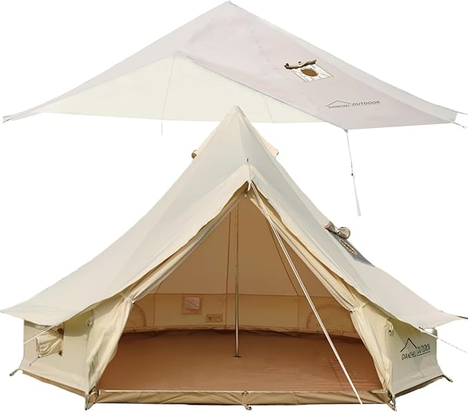 DANCHEL OUTDOOR 4 Season Canvas Bell Tent with Waterproof Rain Fly Tarp with Stove Jack for 6 Person Camping Glamping, 5m/16.4ft