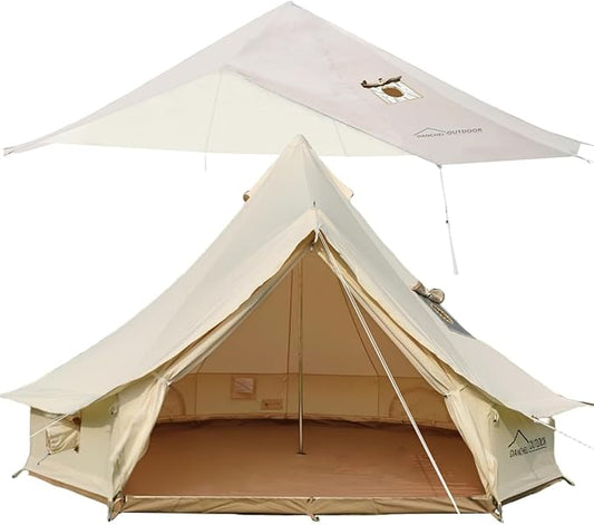 DANCHEL OUTDOOR 4 Season Canvas Bell Tent with Waterproof Rain Fly Tarp with Stove Jack for 6 Person Camping Glamping, 5m/16.4ft