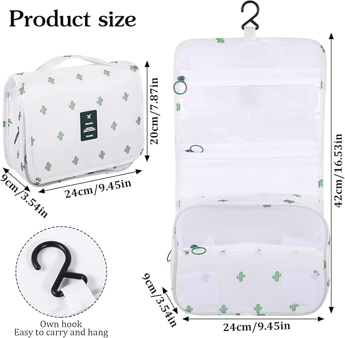 Pengxiaomei Toiletry Bag for Women, Waterproof Hanging Cosmetic Bag Portable Travel Makeup Pouch Multifunction Handle Bathroom Bag for Mothers Day Gifts (Cactus White)