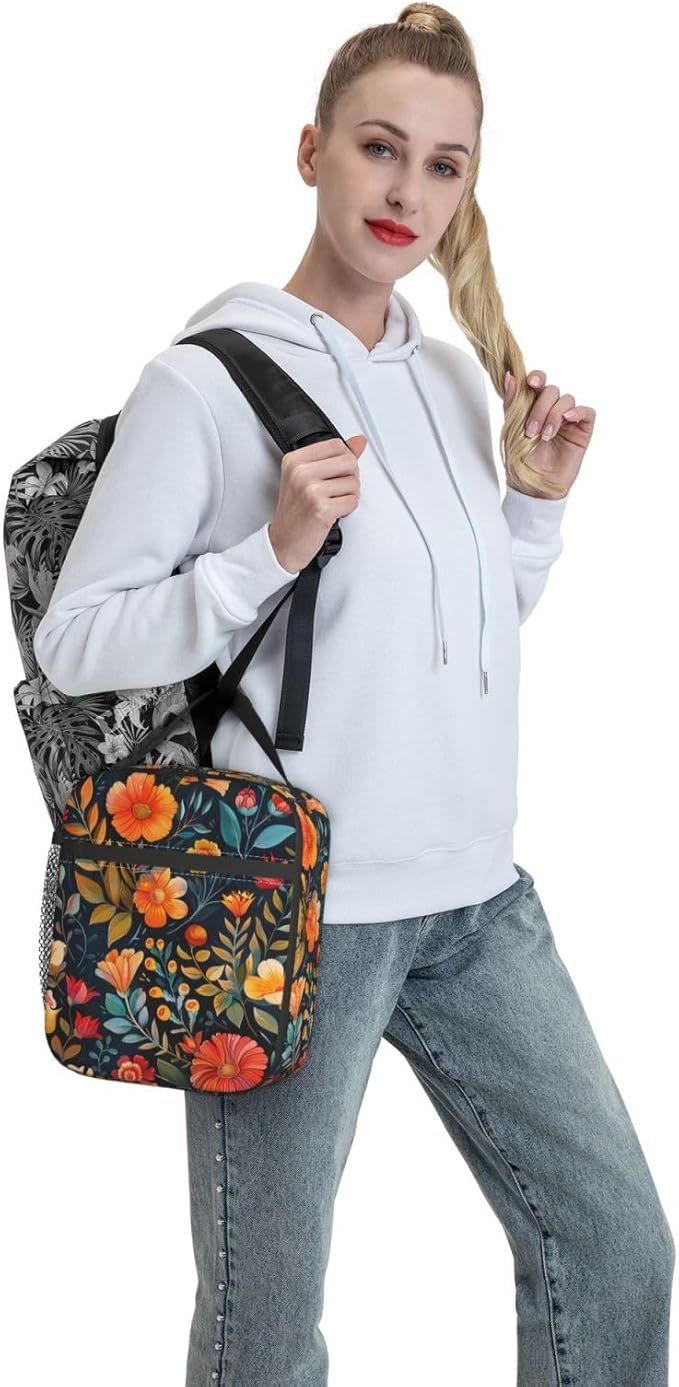 Vintage Floral Insulated Lunch Box for Women Men Retro Colorful Flower Design Lunch Bag for Work,Picnic,Travel,Hiking,Beach or Fishing Polyester Nature Lovers Lunch Box