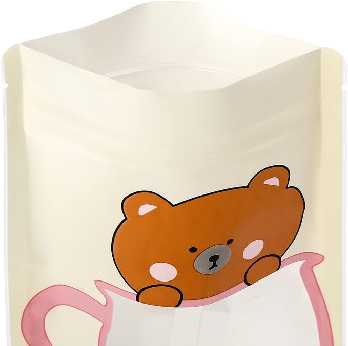 QQ Studio 100 Animal Designed Snack Bags, Plastic Bakery Bags, Cute Favor Bags for Snacks, Pastel Cookie Bags with Window, Zipper Seal Treat Storage Bags (5 Inch x 7 Inch, Yellow Bear)