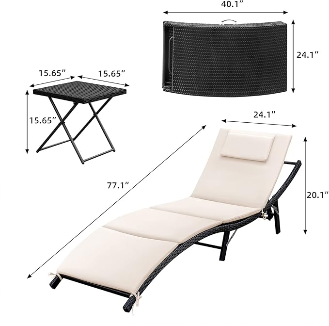 GUNJI Lounge Chairs for Outside 3 Pieces Patio Adjustable Chaise Lounge Outdoor Wicker Lounge Chairs Set of 2 with Table Folding Chaise Lounger for Poolside, Deck, Lawn (Beige)