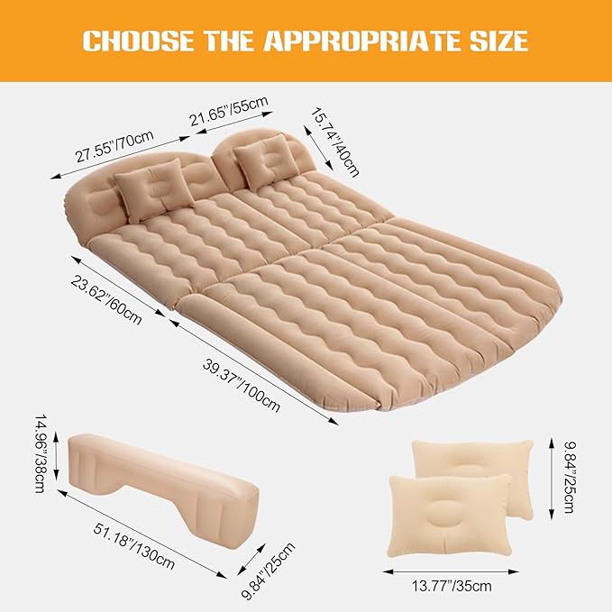 Ergocar Inflatable Mattress Soft Plant Velvet Thickened Air Mattress Car Sleeping Mattress Two Pillows Double-Layer Inflatable Valve Storage Bag Suitable for Camping, Traveling, Family