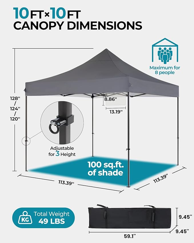 10x10 Pop Up Canopy with Wheeled Bag, Commercial Portable Canopy Tent, Easy Set Up, 4 Stakes & 4Sandbags & 4 Ropes, Waterproof Outdoor Shelter for Market, Parties, Grey
