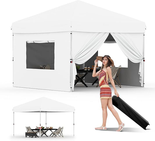 10x10 Pop Up Canopy Tent Outdoor Canopy with 4 Removable Sidewalls One-Person Set Up Heavy Duty Commercial Instant Tent Shelter-White