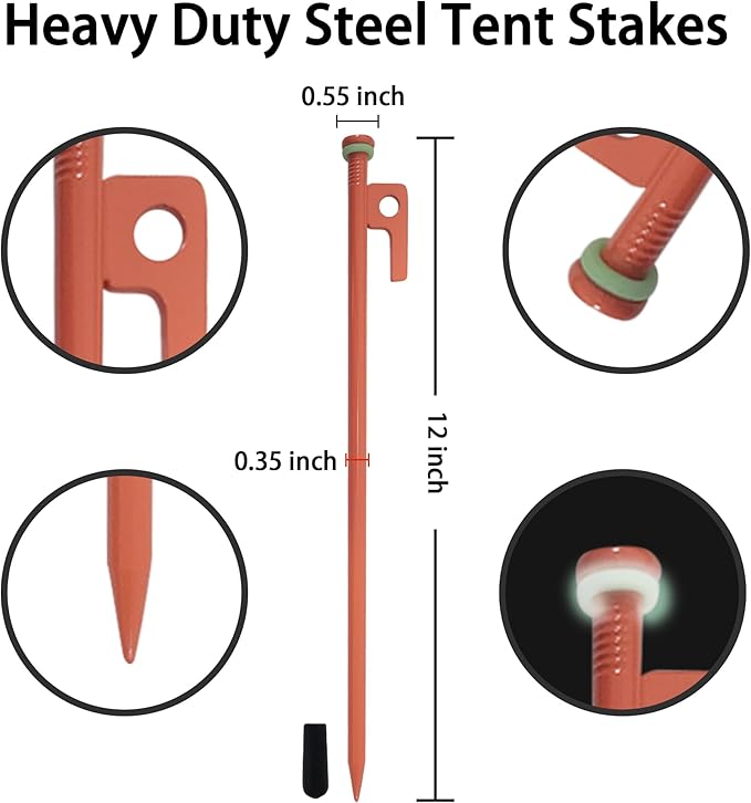 8 PCS Tent Stakes & Hammer Kit， Heavy Duty Metal Tent Pegs for Camping Steel Tent Stakes(Orange)