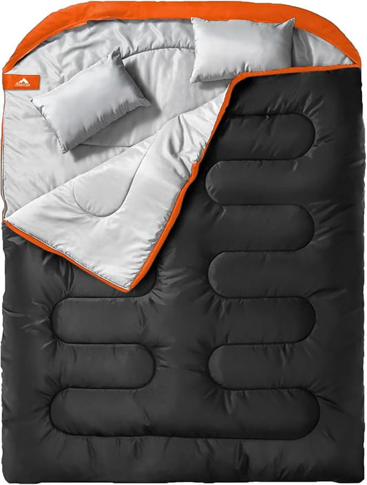 MEREZA Double Sleeping Bag for Adults Mens with Pillow, XL Queen Size Two Person Sleeping Bag for All Season Camping Hiking Backpacking 2 Person Sleeping Bags for Cold Weather & Warm
