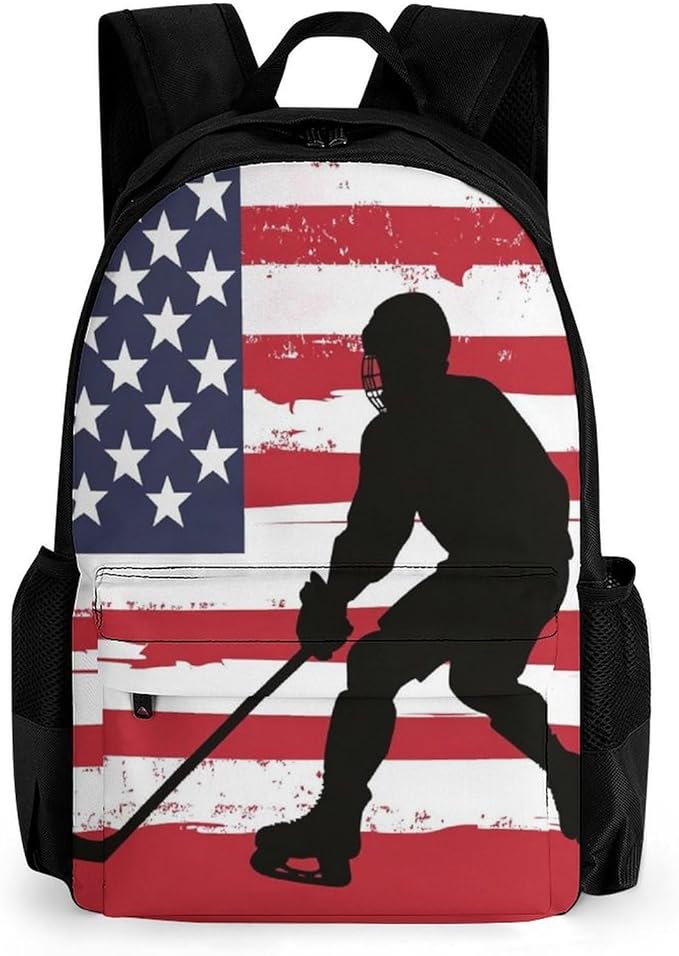 Supdreamc Backpack Anti-Theft Multipurpose Large Capacity Carry On Bag, American Hockey Flag Art Camping Outdoor Backpack With Side Pockets