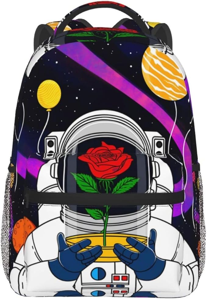 Daypack Bookbag Multipurpose Anti-Theft Big Capacity Carry On Bag,Astronaut Starry Sky Roses Colorful Planet Art Travel Hiking Camping Rucksack With Padded Straps