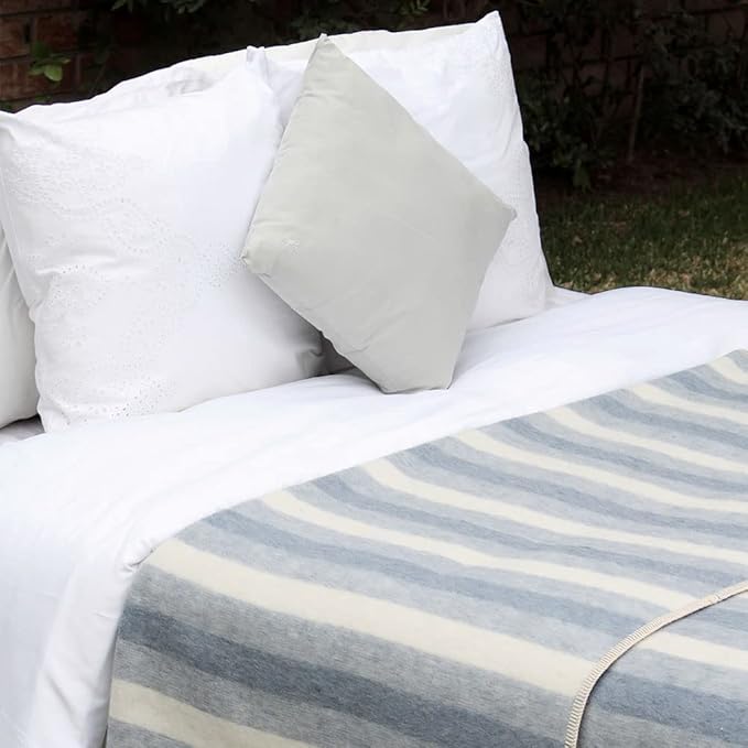 Thick Alpaca Wool Blanket Heavyweight Camping Outdoors Indoors Soft Peru Twin Size Stripes Design (Sky Blue/Ivory, Twin Size)