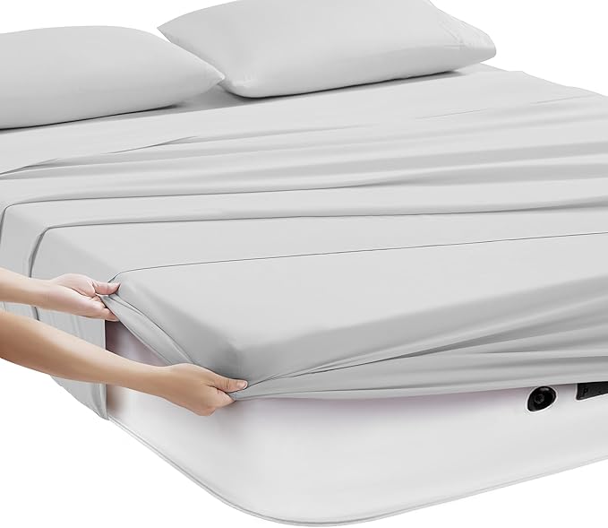 Camping Sheets Full Size - Outdoor Air Mattress Sheet Set – Built-in Corner Straps for Air Mattress & Camping Use – Designed for Inflatable Beds & Tailgate Sleepovers, Silver