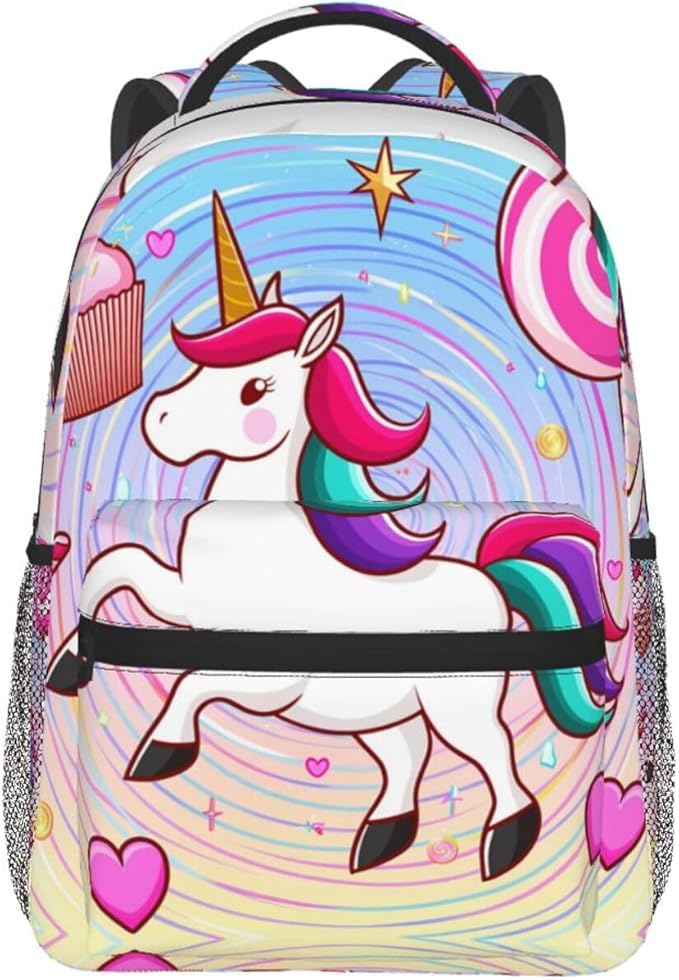 Polyester Daypack Bookbag for Gym Business Bicycle, Large Capacity Multipurpose Anti-Theft Carry On Bag, Psychedelic Trippy Unicorn Art Travel Hiking Daypack