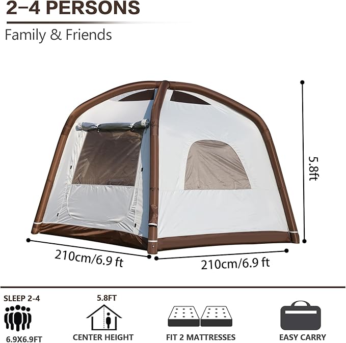 Inflatable Camping Tent,2/4/6/8 Person Glamping Inflatable Tents with Awning, Quick Setup Blow Up Tents with Pump, Waterproof Oxford Inflatable House for Camping, Air Glamping Hot Tents for Adult