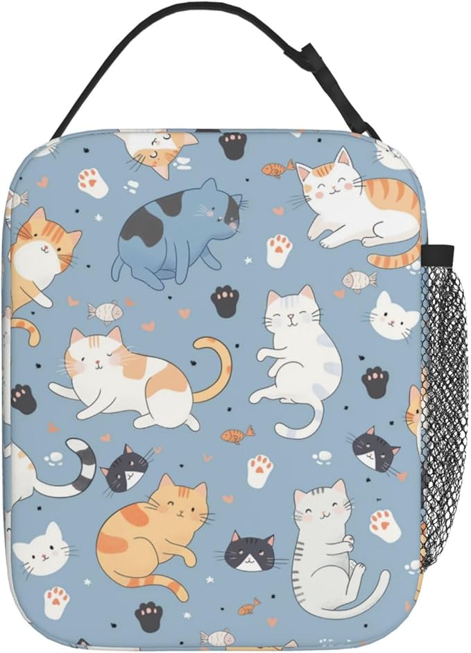 Reusable Cat Lunch Box for Kids Girls Boys Women Adult, Insulated Paw Print Lunch Bag,Polyester Cooler Cute Animal Handbags Case for School Picnic Work Travel Beach or Hiking (Light Blue)