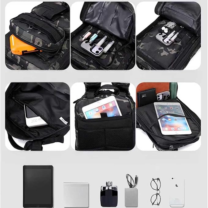 30L Comfortable Durable Military Tactical Backpack w/USA Flag Patch, MOLLE Hiking Camping Travel Bag,（black camouflage）