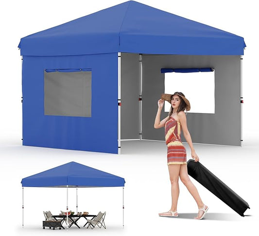 10x10 Pop Up Canopy Tent Outdoor Canopy with 3 Removable Sidewalls One-Person Set Up Heavy Duty Commercial Instant Tent Shelter-Blue
