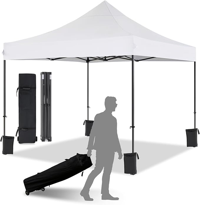 10x10 Pop Up Canopy with Wheeled Bag, Commercial Portable Canopy Tent, Easy Set Up, 4 Stakes & 4Sandbags & 4 Ropes, Waterproof Outdoor Shelter for Market, Parties, White